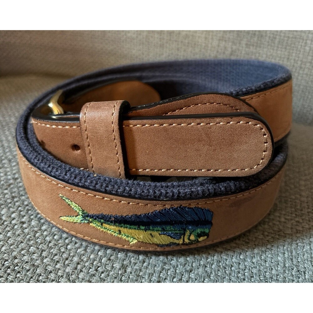 West Marine Full Grain Leather Belt 44 Embroidered Mahi Mahi Fish Nautical